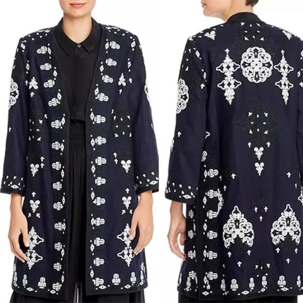 Kobi Halperin navy black white embroidered embroidery aster kimono style jacket